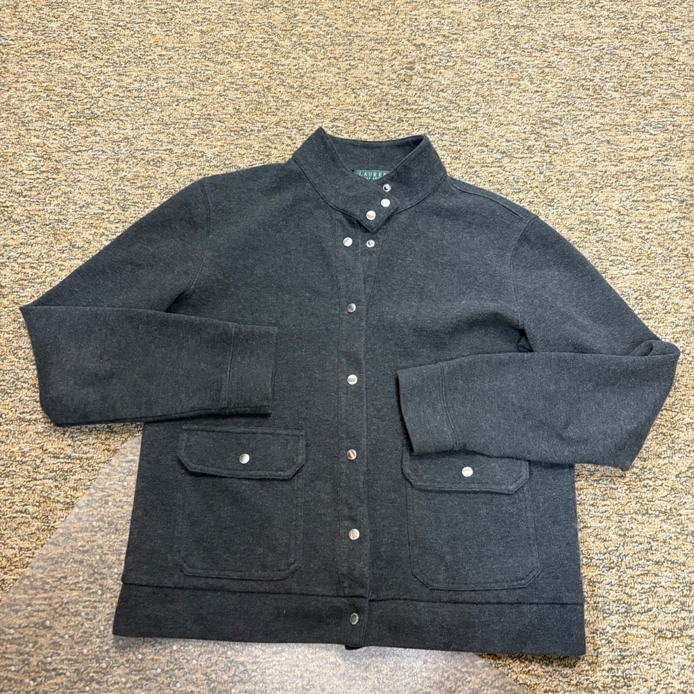 Lauren Ralph Lauren Snap Front Knit Jacket Women M Charcoal Minimalist‎